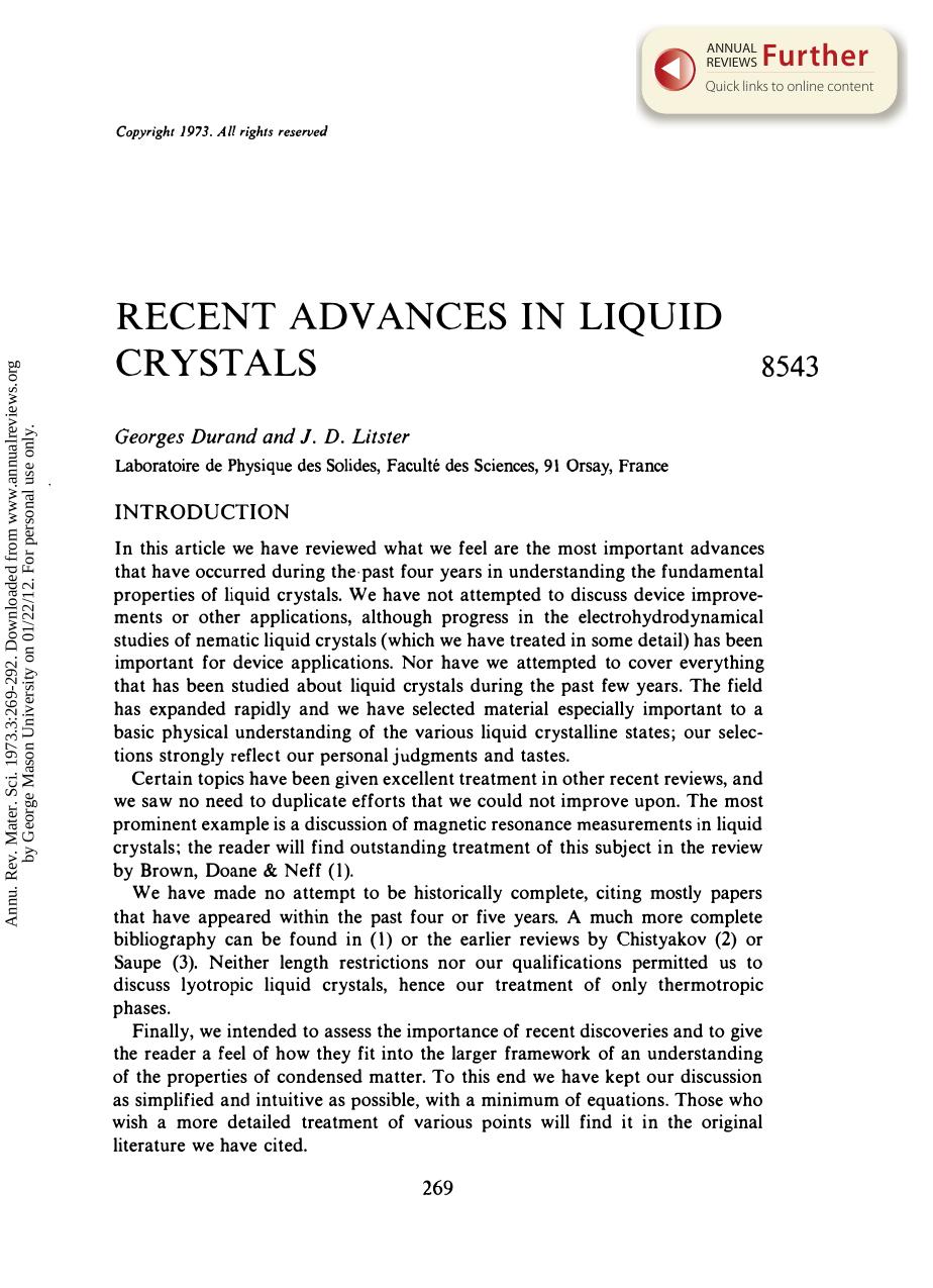 Recent Advances in Liquid Crystals by G Durand & J D Litster