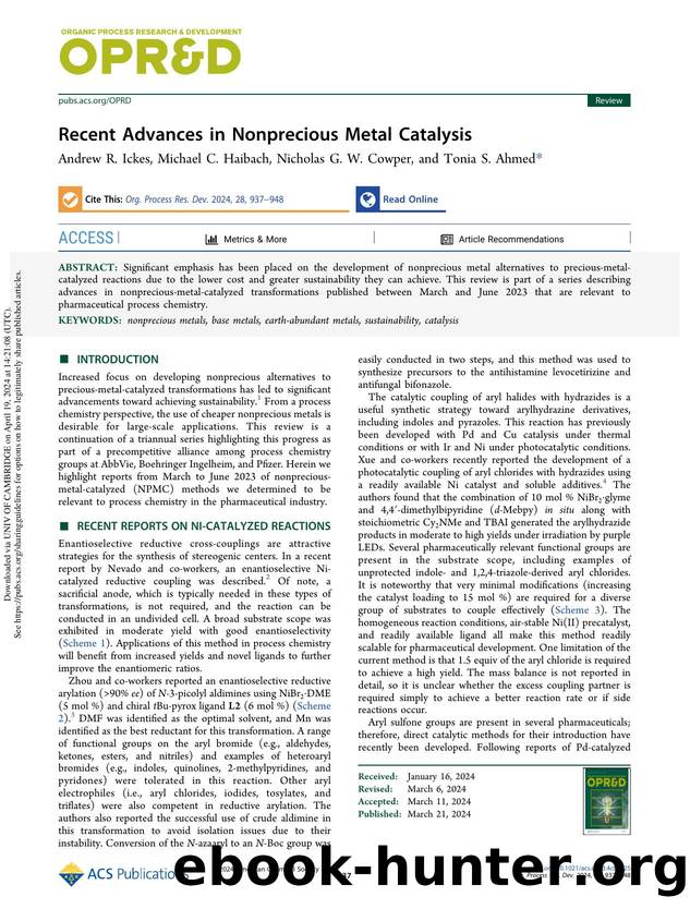 Recent Advances in Nonprecious Metal Catalysis by Andrew R. Ickes Michael C. Haibach Nicholas G. W. Cowper & Tonia S. Ahmed