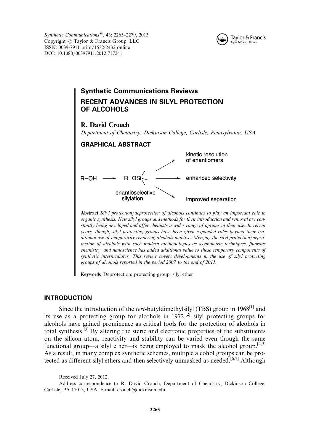 Recent Advances in Silyl Protection of Alcohols by R. David Crouch