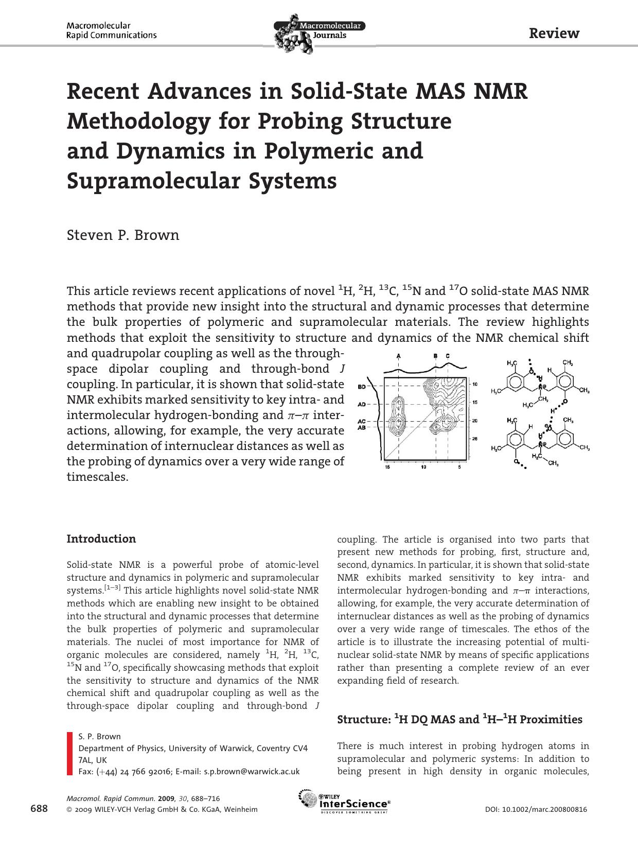 Recent Advances in Solid-State MAS NMR Methodology for Probing Structure and Dynamics in Polymeric and Supramolecular Systems by Unknown