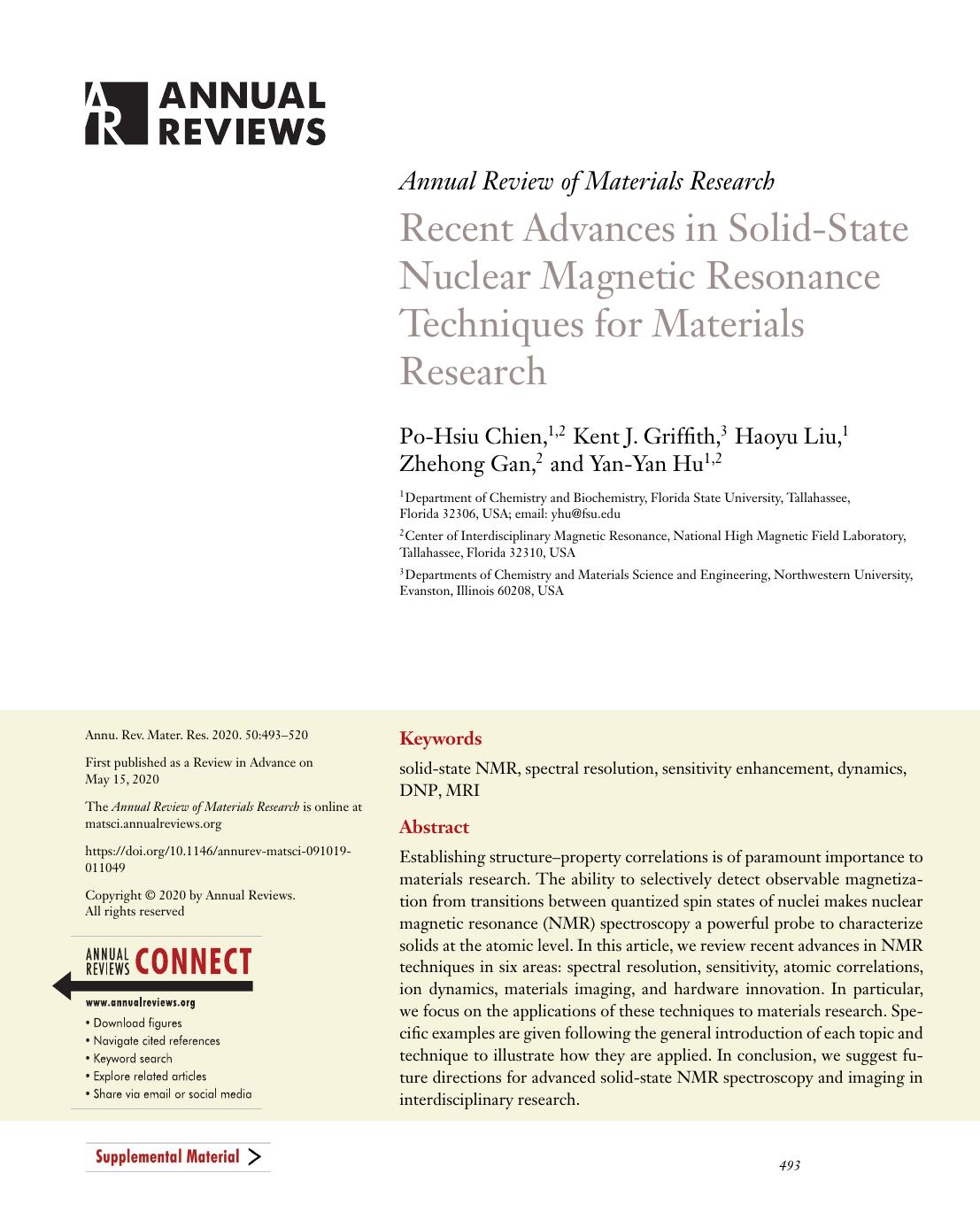 Recent Advances in Solid-State Nuclear Magnetic Resonance Techniques for Materials Research by Po-Hsiu Chien Kent J. Griffith Haoyu Liu Zhehong Gan Yan-Yan Hu