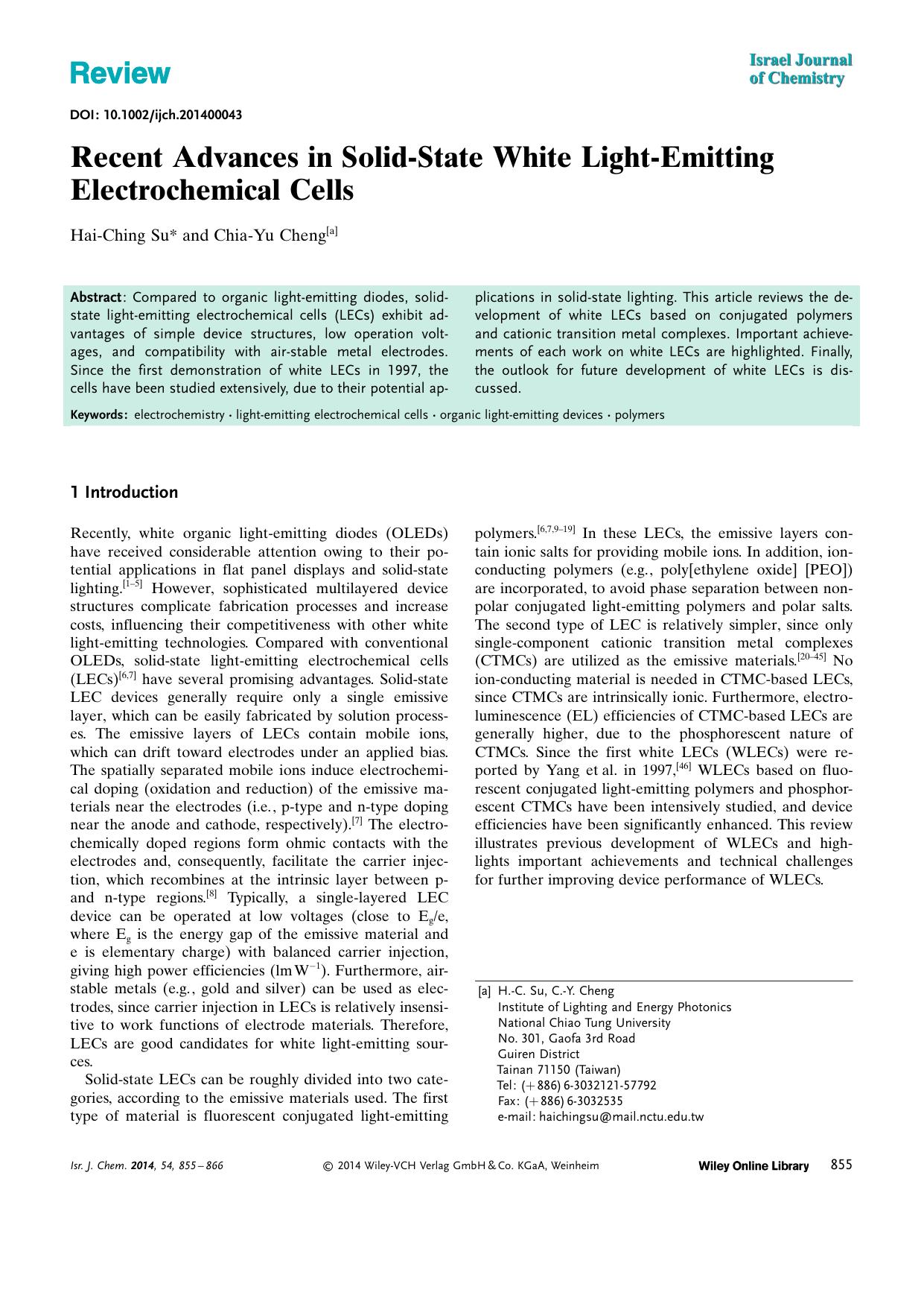 Recent Advances in SolidState White LightEmitting Electrochemical Cells by Unknown