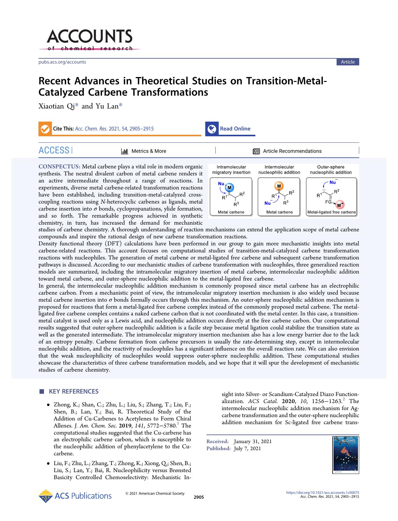Recent Advances in Theoretical Studies on Transition-Metal-Catalyzed Carbene Transformations by Xiaotian Qi and Yu Lan