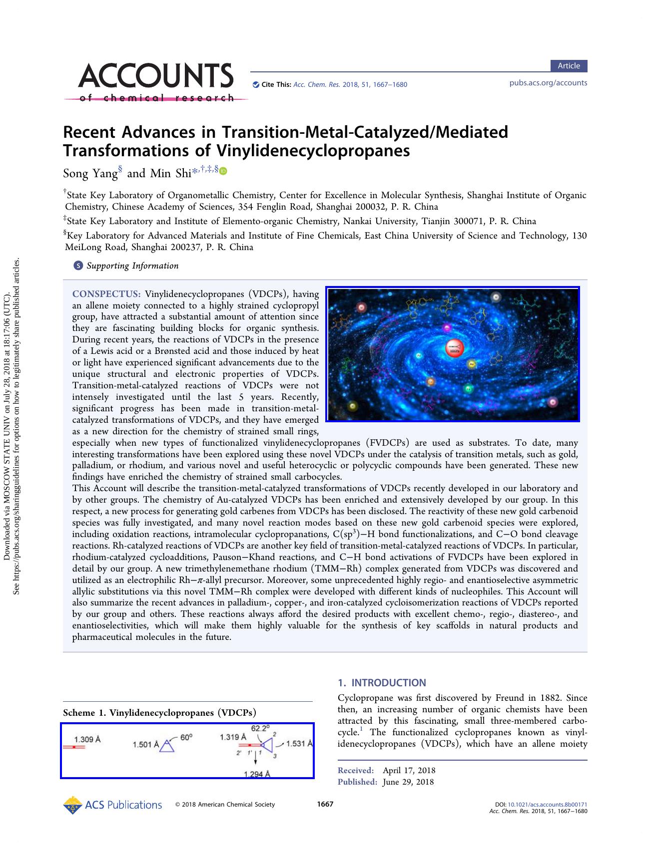 Recent Advances in Transition-Metal-CatalyzedMediated Transformations of Vinylidenecyclopropanes by Song Yang & Min Shi