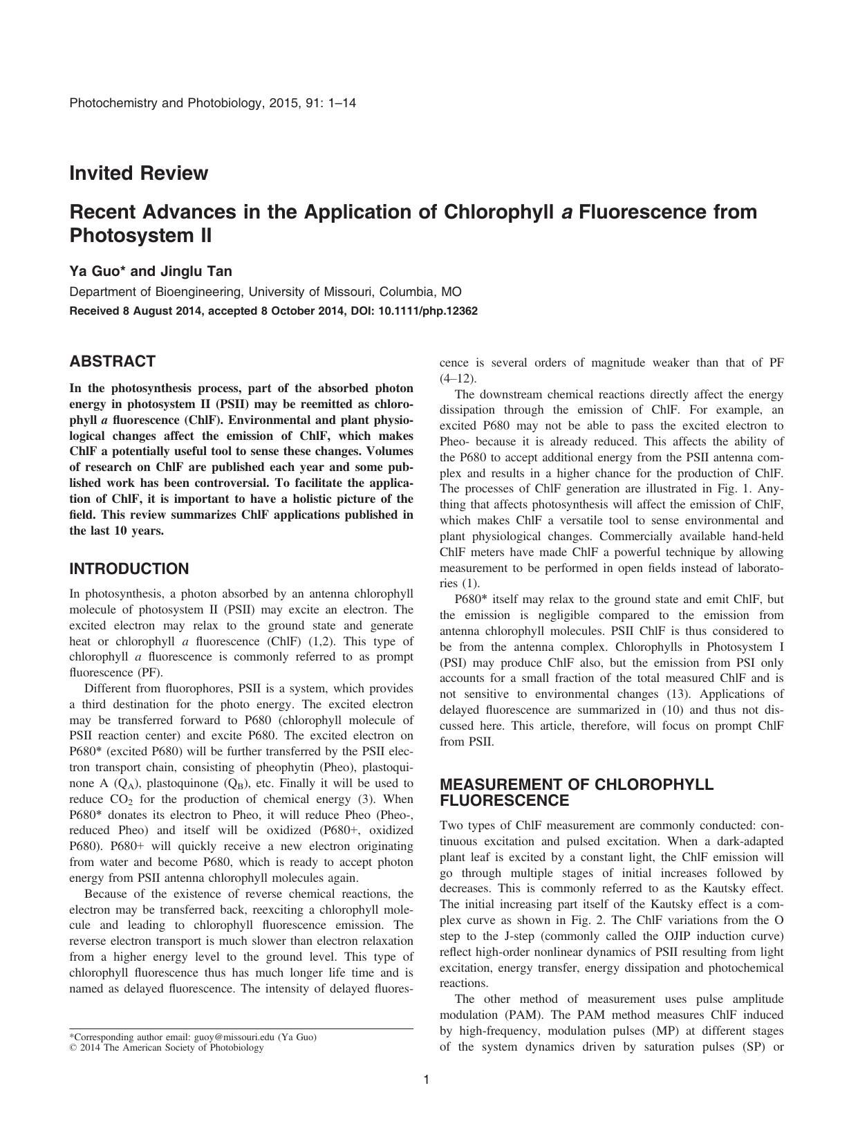Recent Advances in the Application of Chlorophyll a Fluorescence from Photosystem II by Unknown