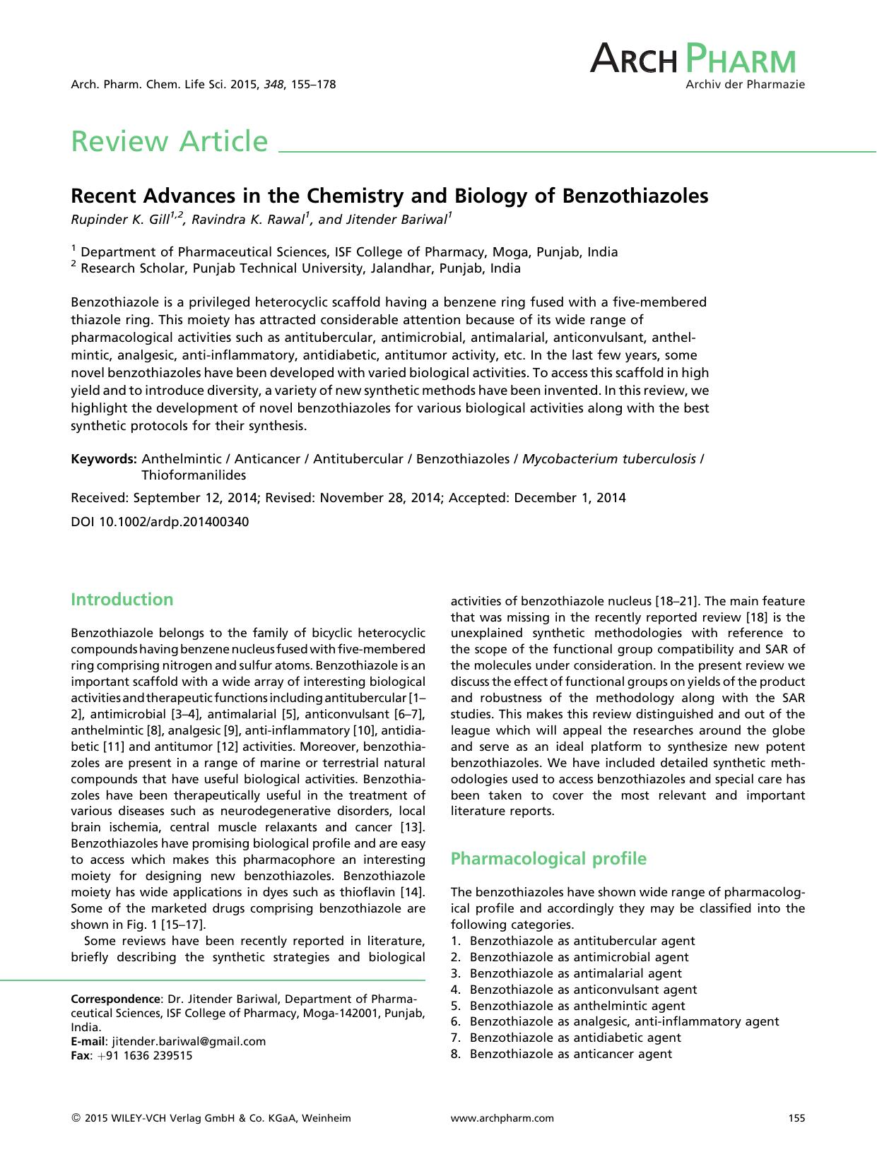 Recent Advances in the Chemistry and Biology of Benzothiazoles by Unknown