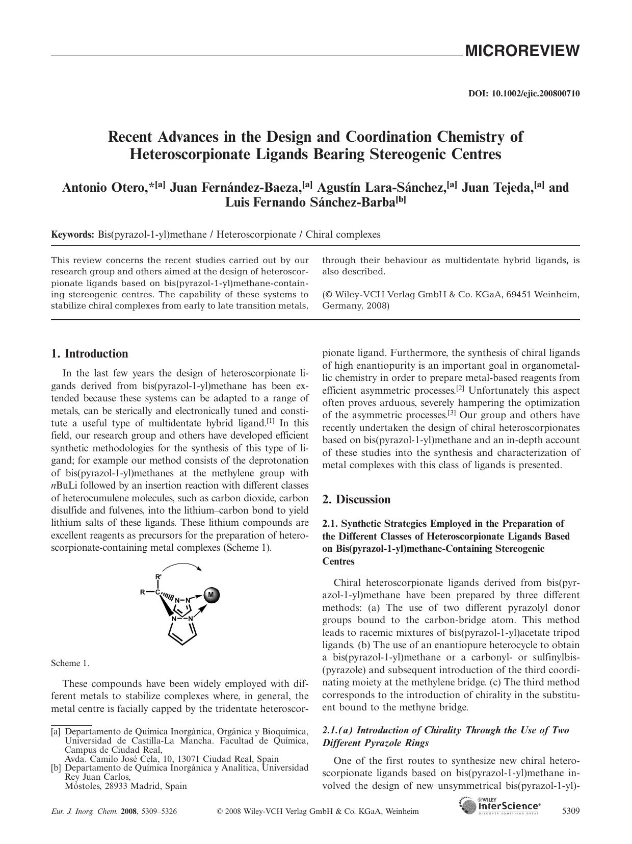 Recent Advances in the Design and Coordination Chemistry of Heteroscorpionate Ligands Bearing Stereogenic Centres by Unknown