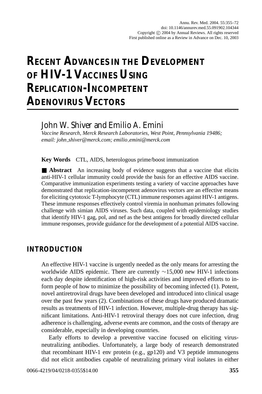 Recent Advances in the Development of HIV-1 Vaccines Using Replication-Incompetent Adenovirus Vectors by John W. Shiver and Emilio A. Emini