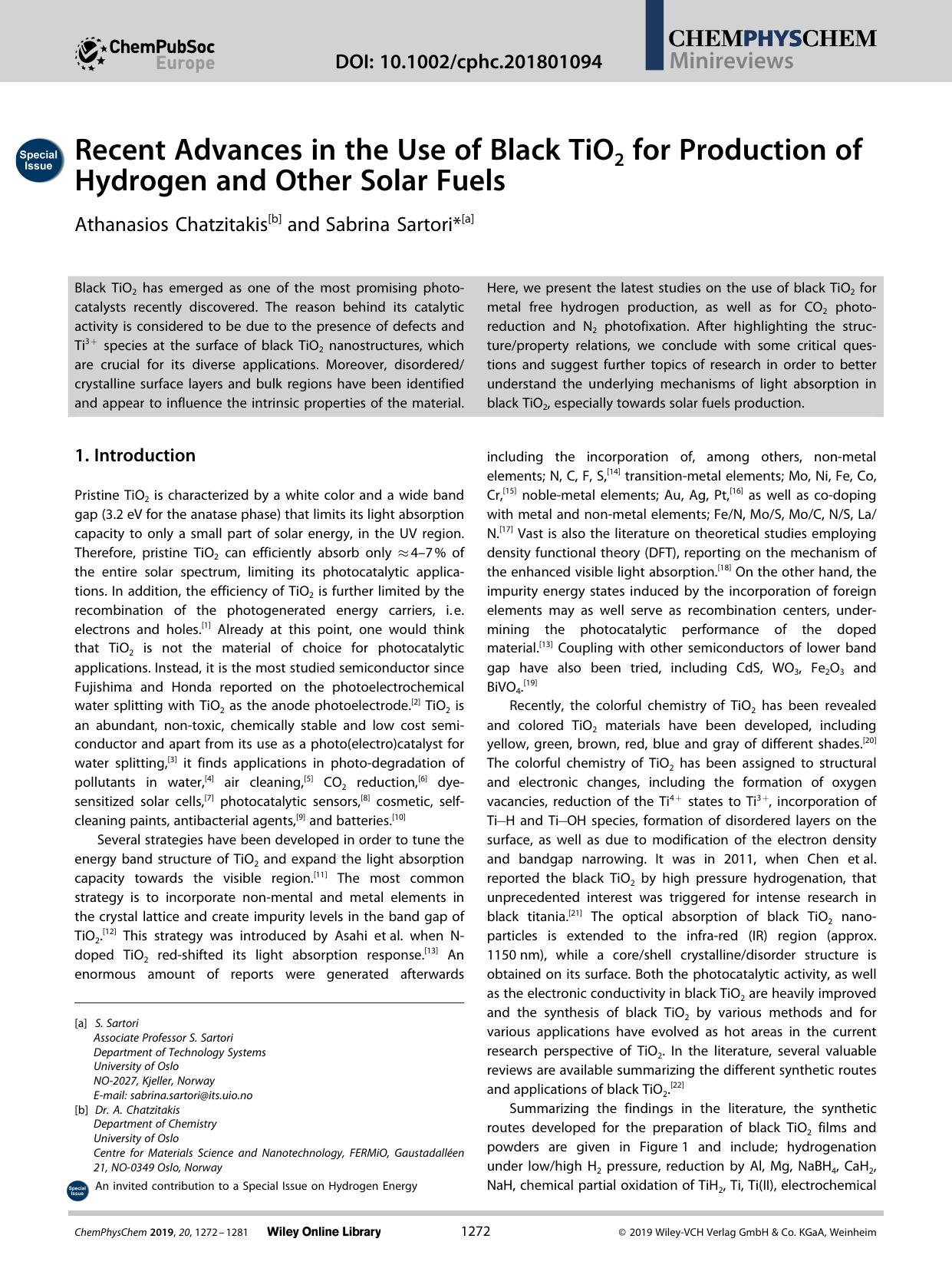 Recent Advances in the Use of Black TiO2 for Production of Hydrogen and Other Solar Fuels by Unknown