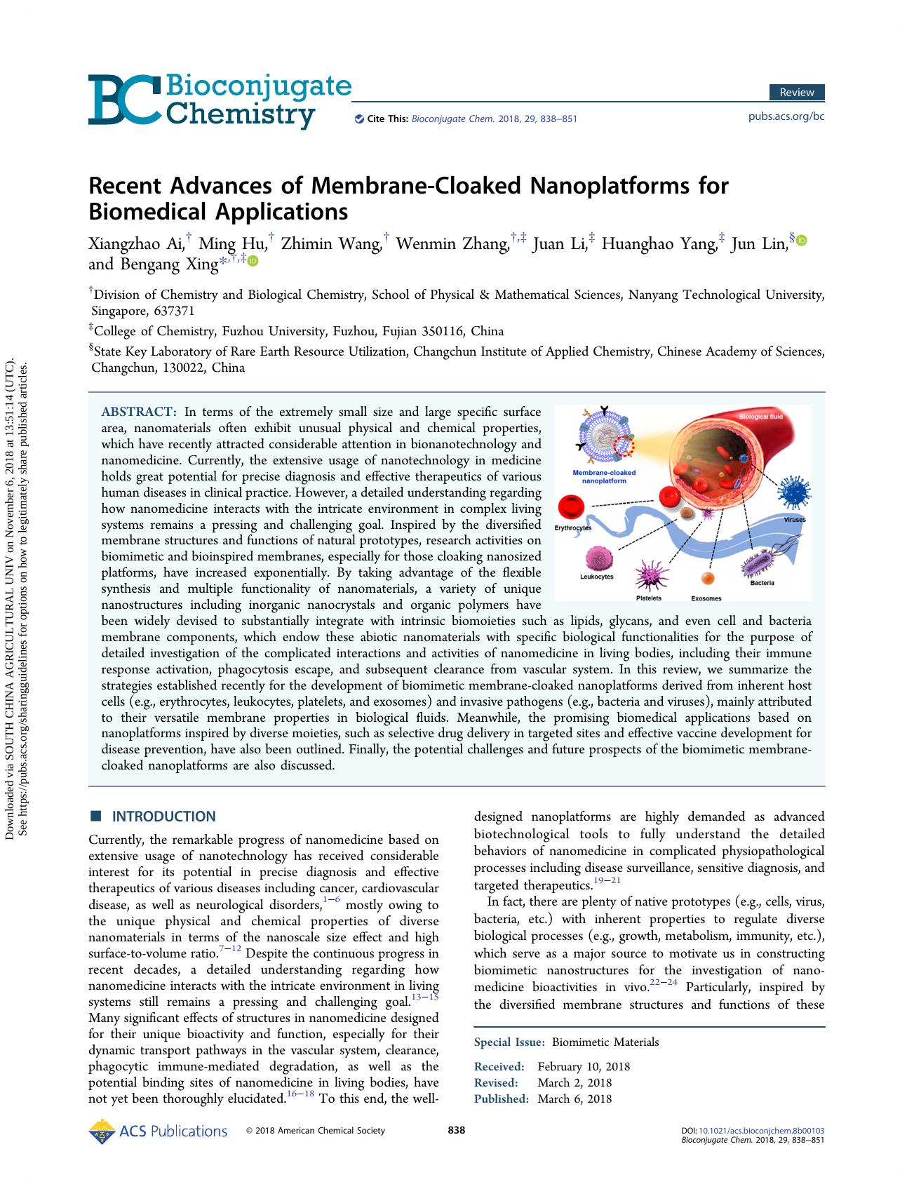 Recent Advances of Membrane-Cloaked Nanoplatforms for Biomedical Applications by Xiangzhao Ai Ming Hu Zhimin Wang Wenmin Zhang Juan Li Huanghao Yang Jun Lin & Bengang Xing