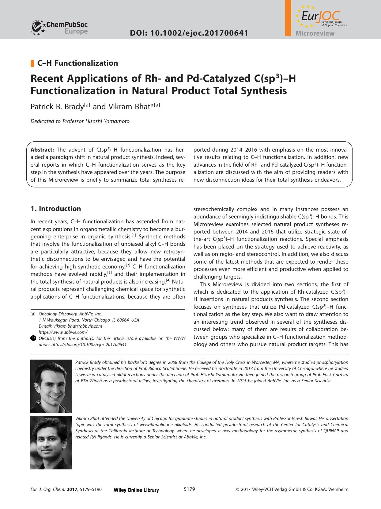 Recent Applications of Rh‐ and Pd‐Catalyzed C(sp<sup>3<sup>)–H Functionalization in Natural Product Total Synthesis by Unknown