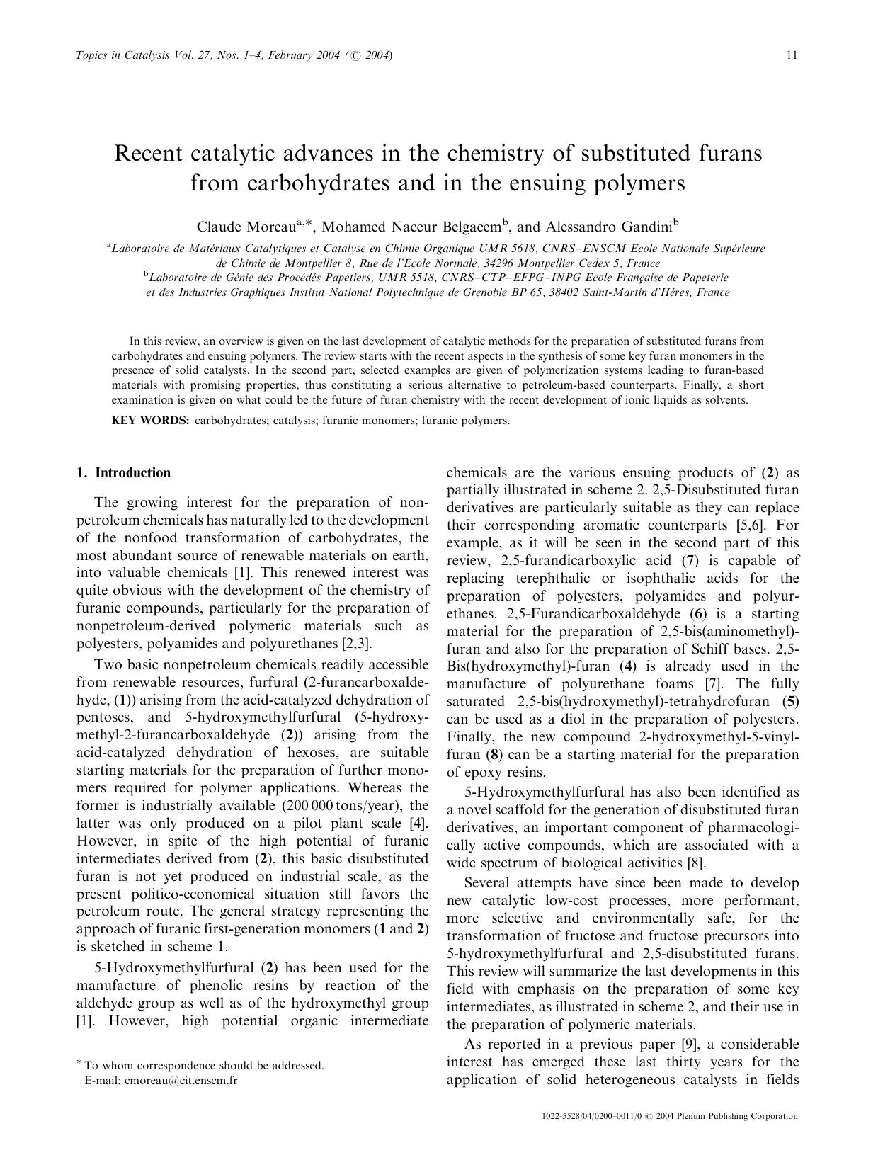 Recent Catalytic Advances in the Chemistry of Substituted Furans from Carbohydrates and in the Ensuing Polymers by Unknown