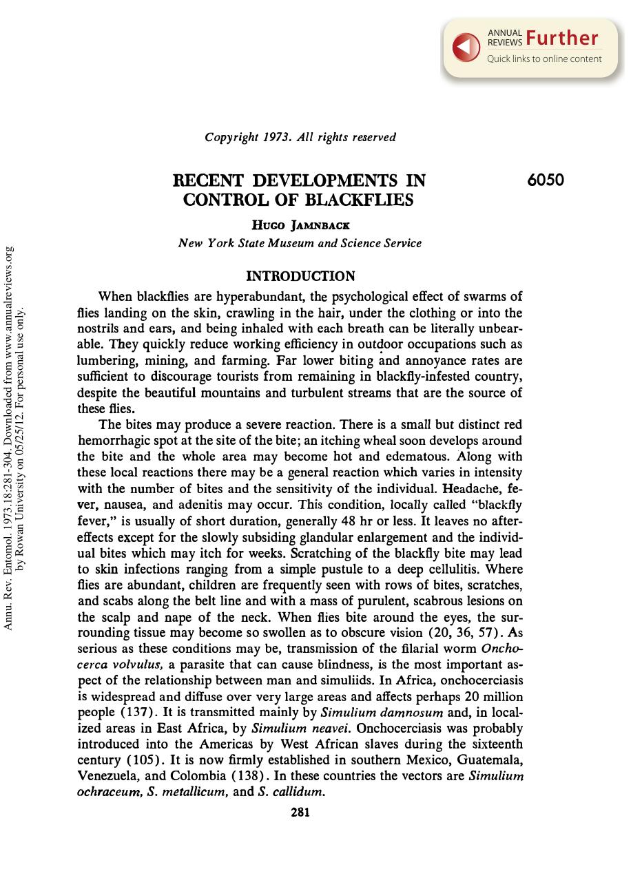 Recent Developments in Control of Blackflies by H Jamnback