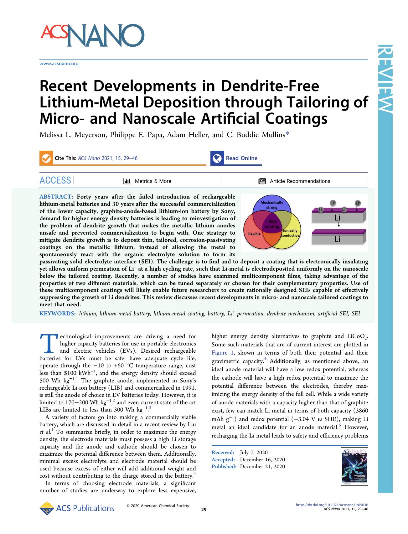 Recent Developments in Dendrite-Free Lithium-Metal Deposition through Tailoring of Micro- and Nanoscale Artificial Coatings by Melissa L. Meyerson Philippe E. Papa Adam Heller and C. Buddie Mullins