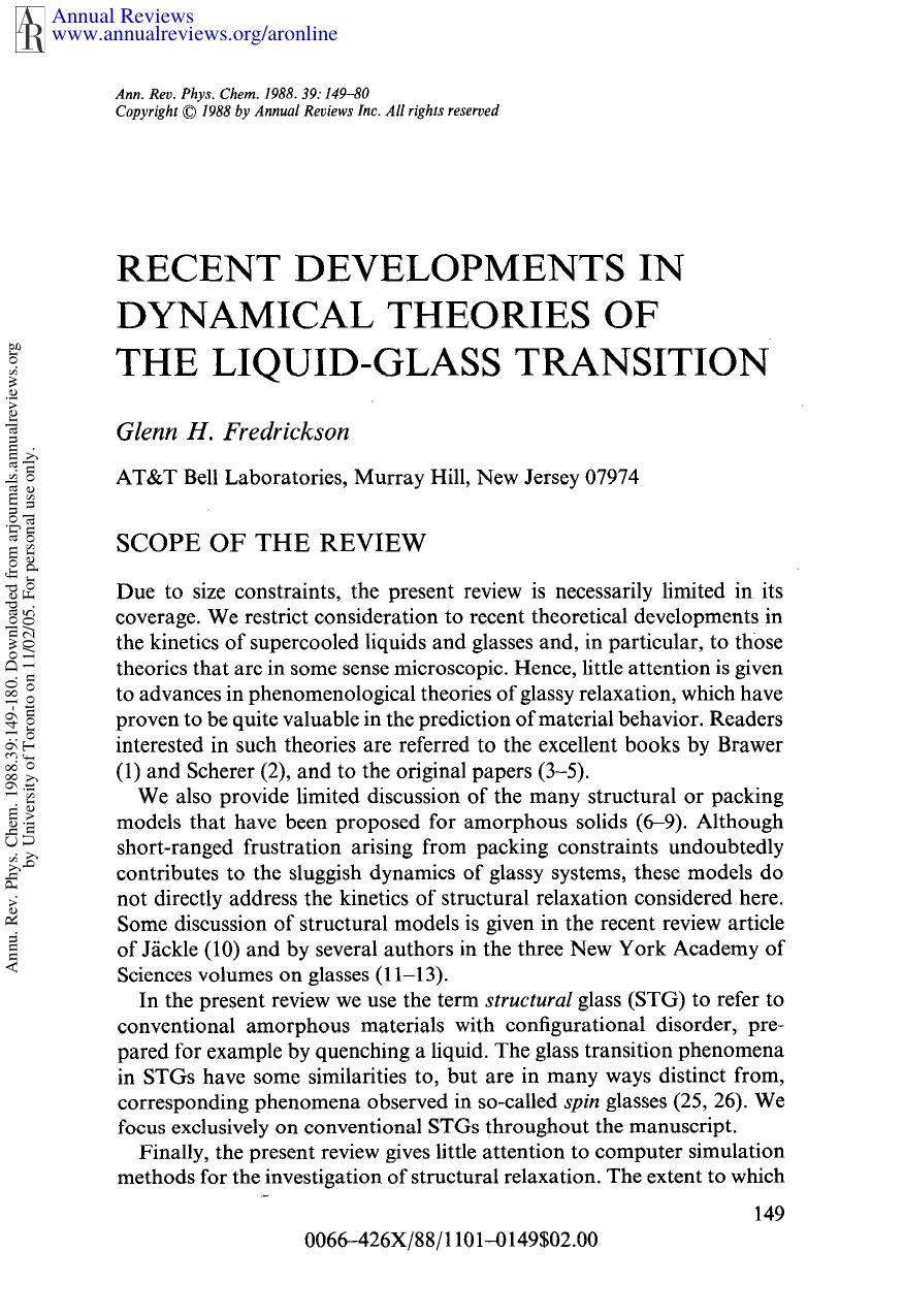 Recent Developments in Dynamical Theories of the Liquid-Glass Transition by G H Fredrickson