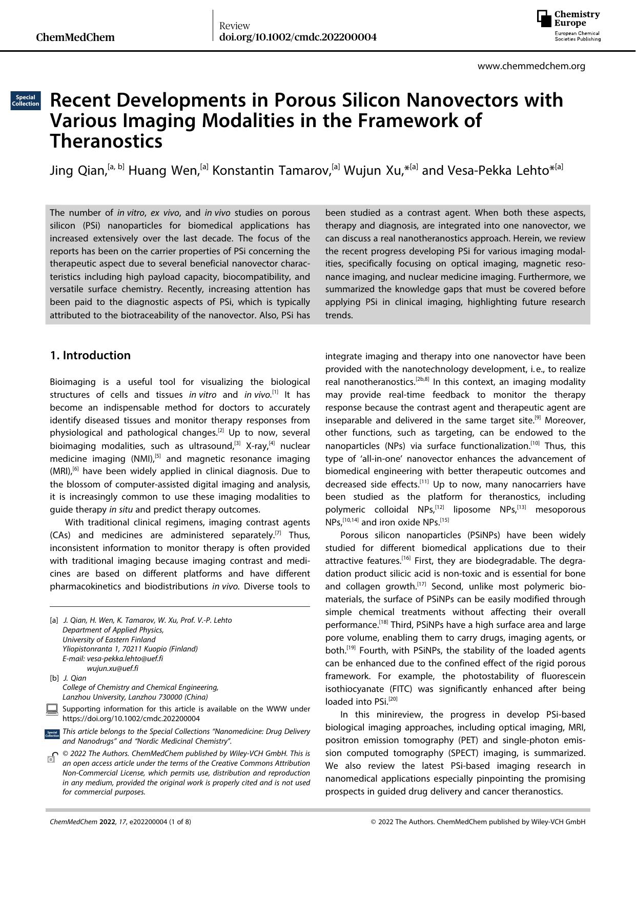 Recent Developments in Porous Silicon Nanovectors with Various Imaging Modalities in the Framework of Theranostics by Unknown