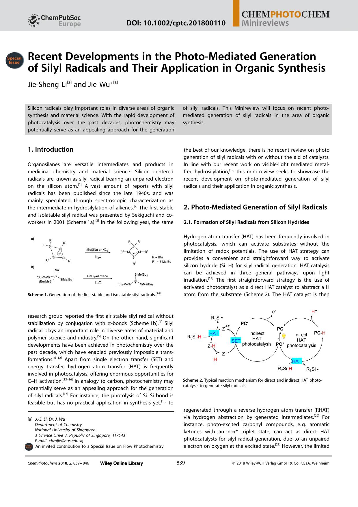 Recent Developments in the PhotoâMediated Generation of Silyl Radicals and Their Application in Organic Synthesis by Unknown