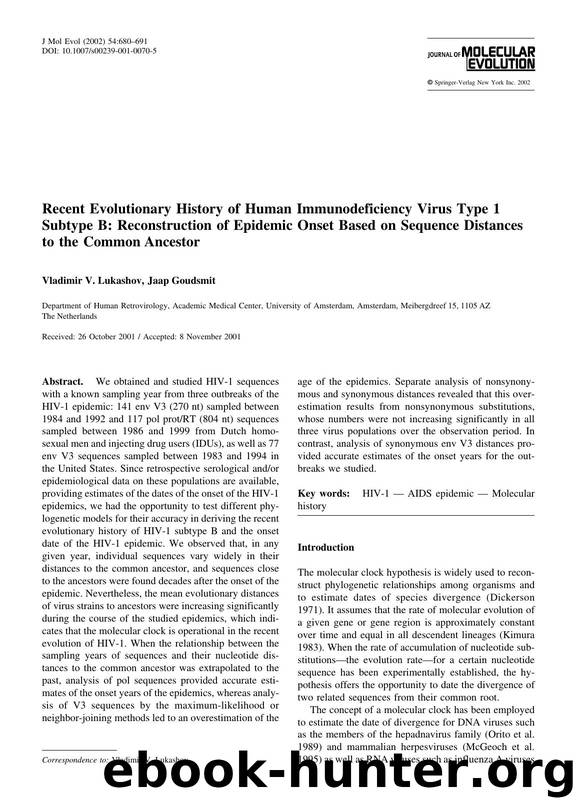 Recent Evolutionary History of Human Immunodeficiency Virus Type 1 Subtype B: Reconstruction of Epidemic Onset Based on Sequence Distances to the Common Ancestor by Lukashov V. et al