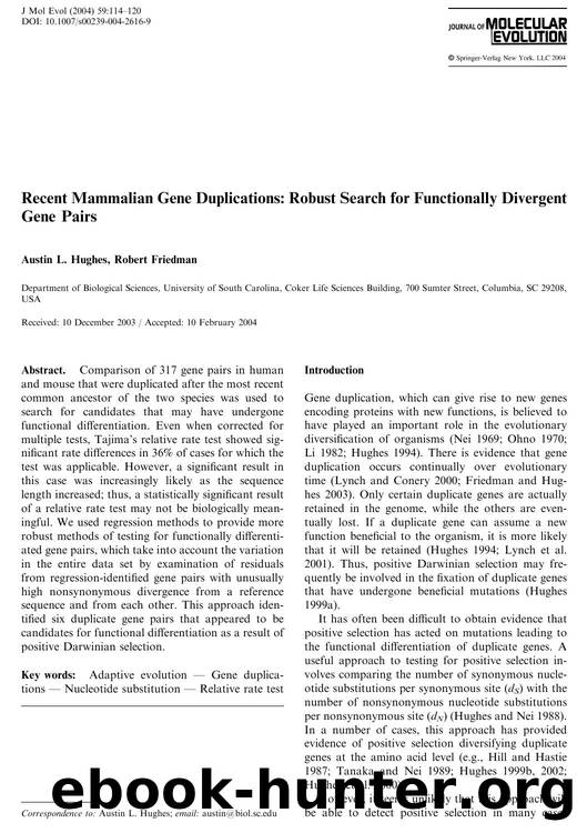 Recent Mammalian Gene Duplications: Robust Search for Functionally Divergent Gene Pairs by Hughes A.L. et al