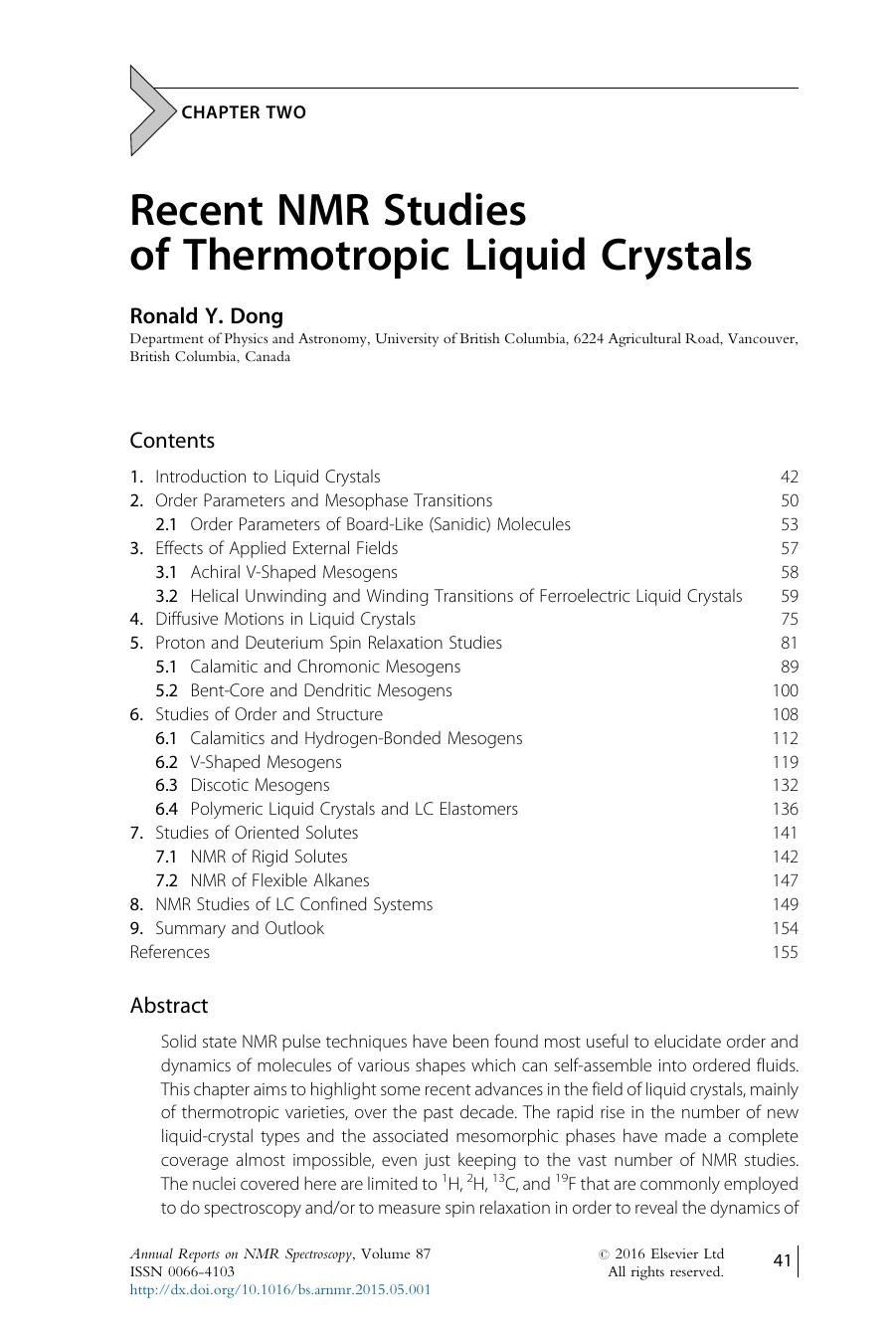 Recent NMR Studies of Thermotropic Liquid Crystals by Ronald Y. Dong