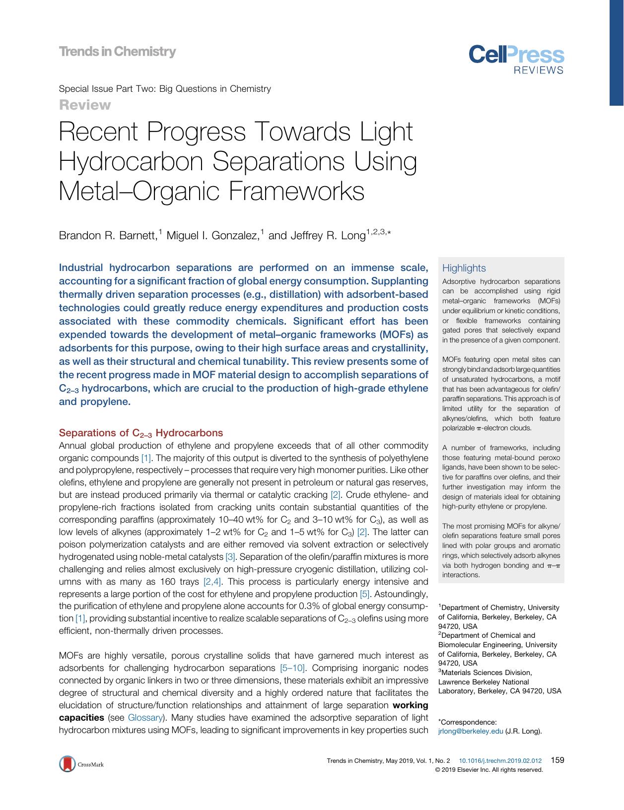 Recent Progress Towards Light Hydrocarbon Separations Using MetalâOrganic Frameworks by Brandon R. Barnett & Miguel I. Gonzalez & Jeffrey R. Long