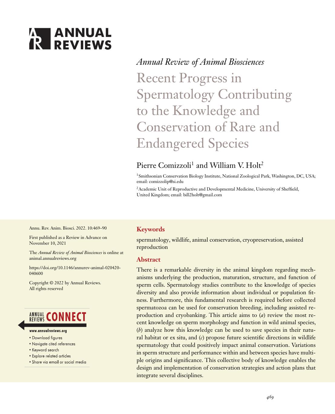 Recent Progress in Spermatology Contributing to the Knowledge and Conservation of Rare and Endangered Species by Pierre Comizzoli and William V. Holt