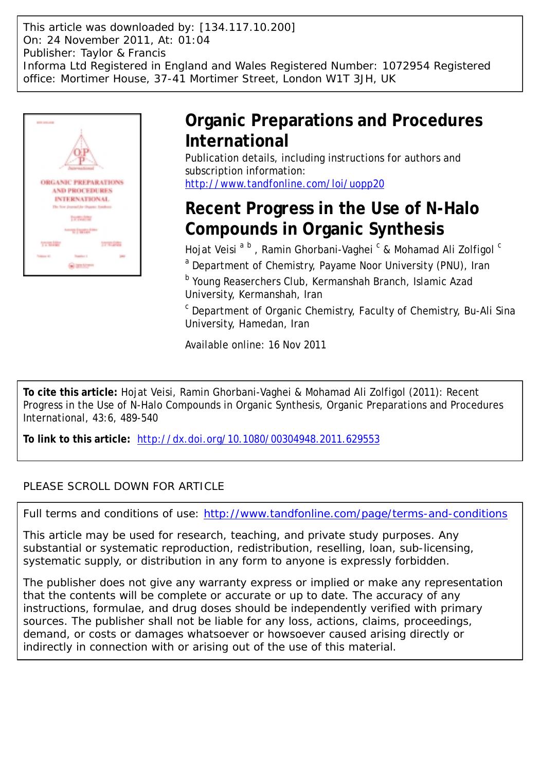 Recent Progress in the Use of N-Halo Compounds in Organic Synthesis by unknow