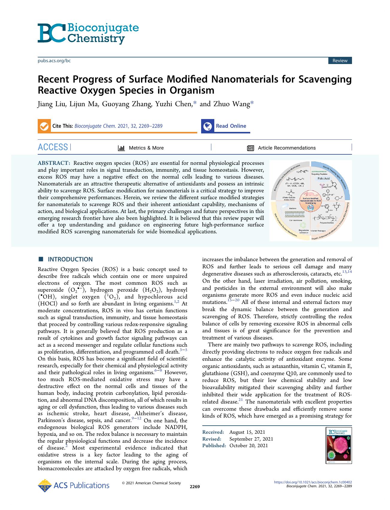 Recent Progress of Surface Modified Nanomaterials for Scavenging Reactive Oxygen Species in Organism by Jiang Liu Lijun Ma Guoyang Zhang Yuzhi Chen and Zhuo Wang