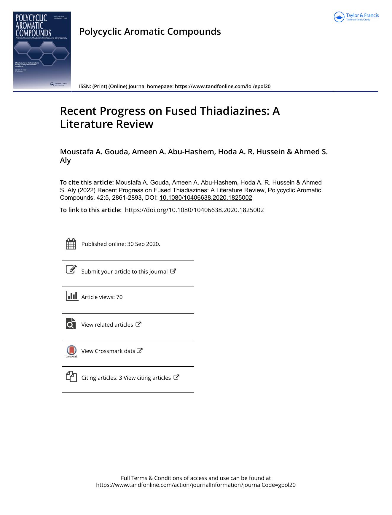 Recent Progress on Fused Thiadiazines: A Literature Review by Gouda Moustafa A. & Abu-Hashem Ameen A. & Hussein Hoda A. R. & Aly Ahmed S