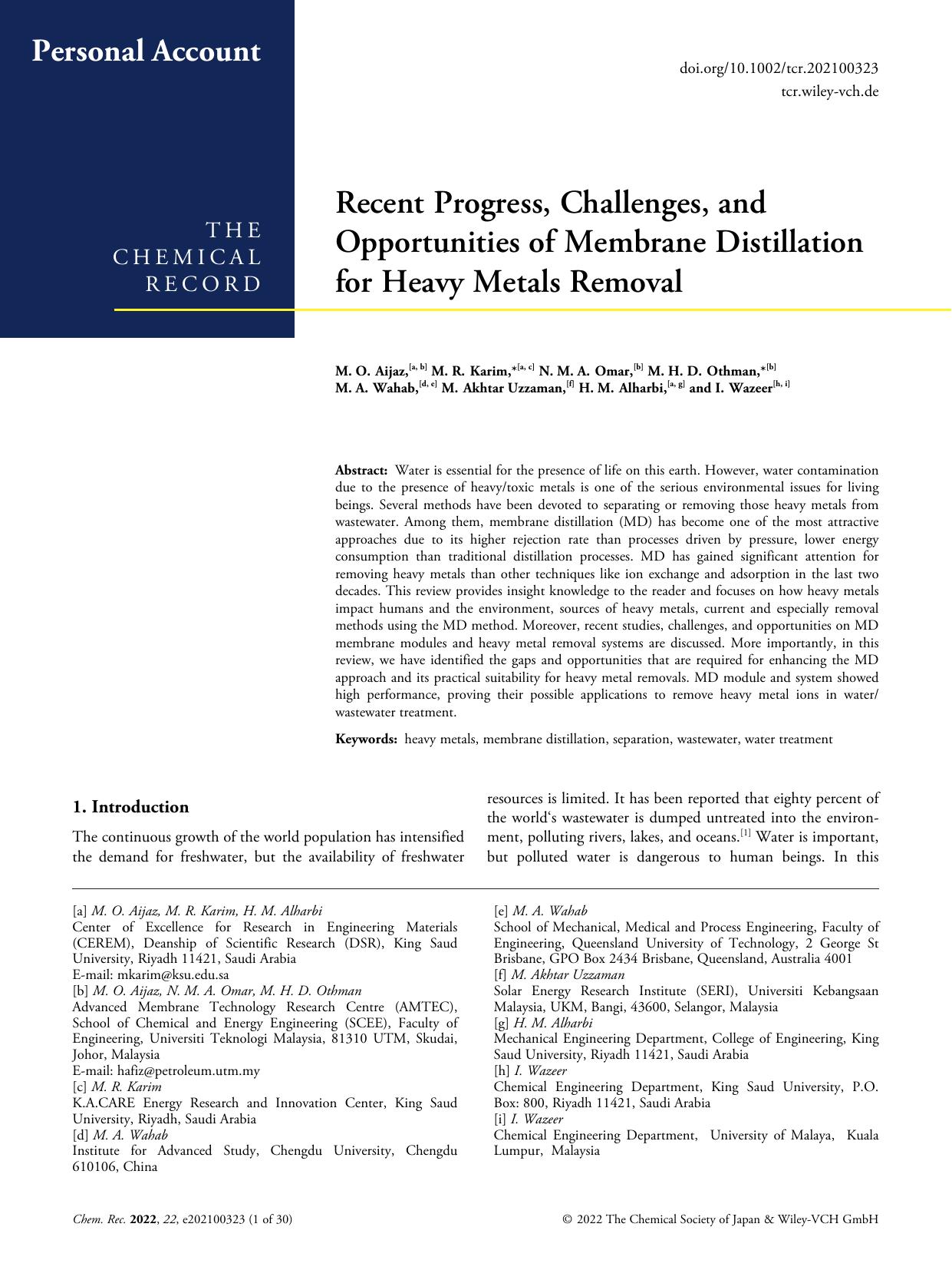 Recent Progress, Challenges, and Opportunities of Membrane Distillation for Heavy Metals Removal by Unknown