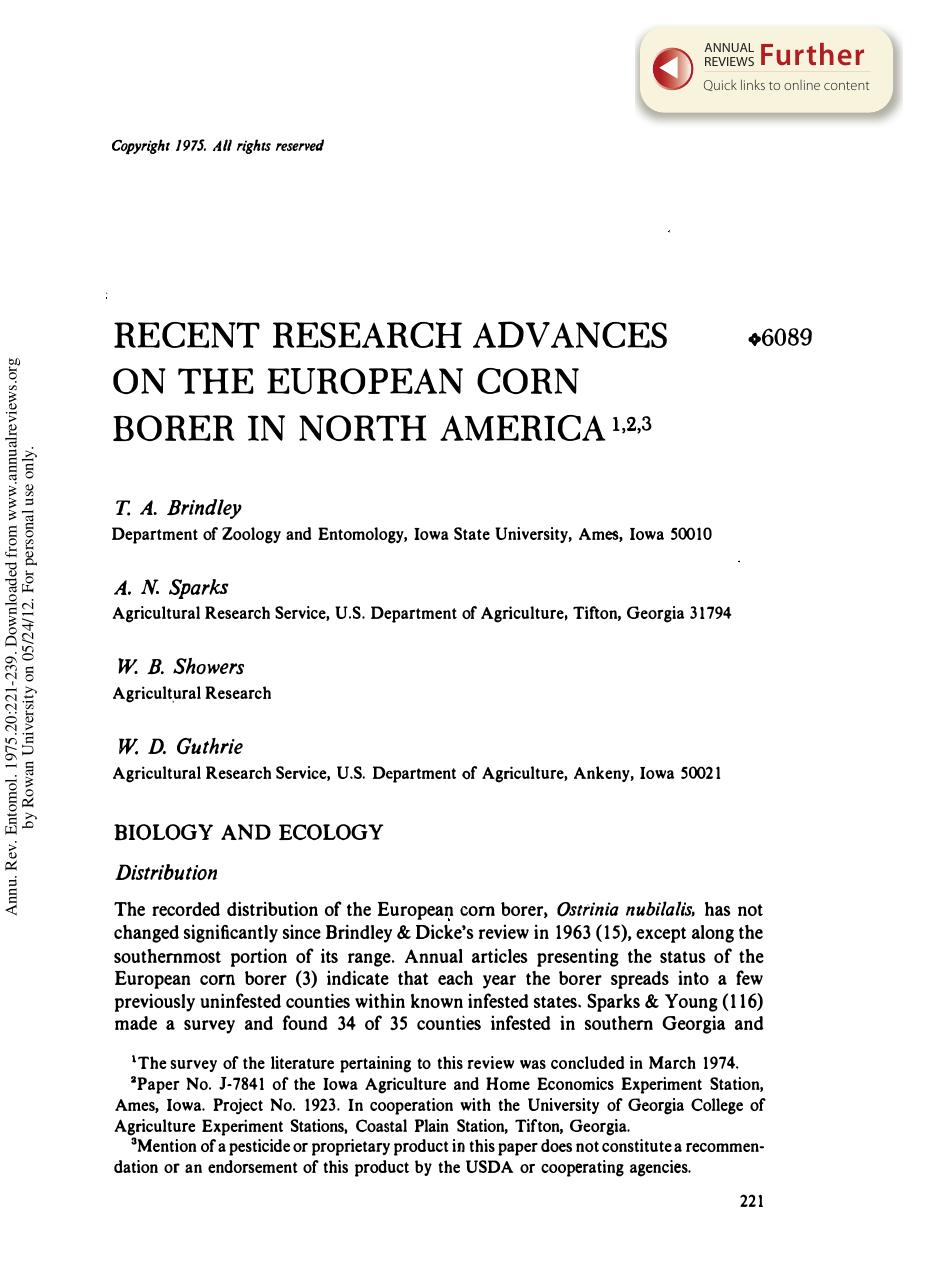 Recent Research Advances on the European Corn Borer in North America by T A Brindley A N Sparks W B Showers and & W D Guthrie