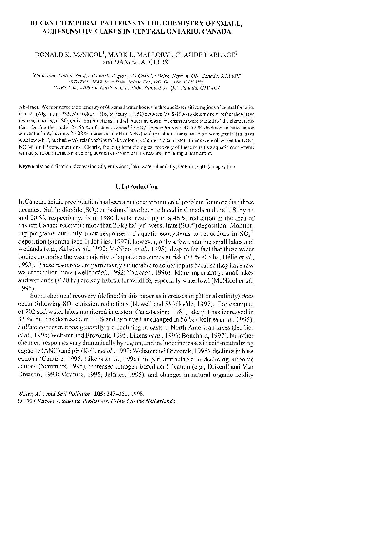 Recent Temporal Patterns in the Chemistry of Small, Acid-sensitive Lakes in Central Ontario, Canada by Unknown
