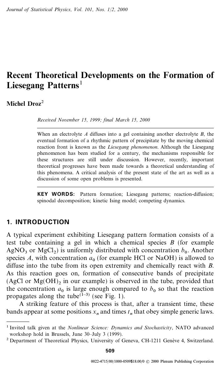 Recent Theoretical Developments on the Formation of Liesegang Patterns by Unknown