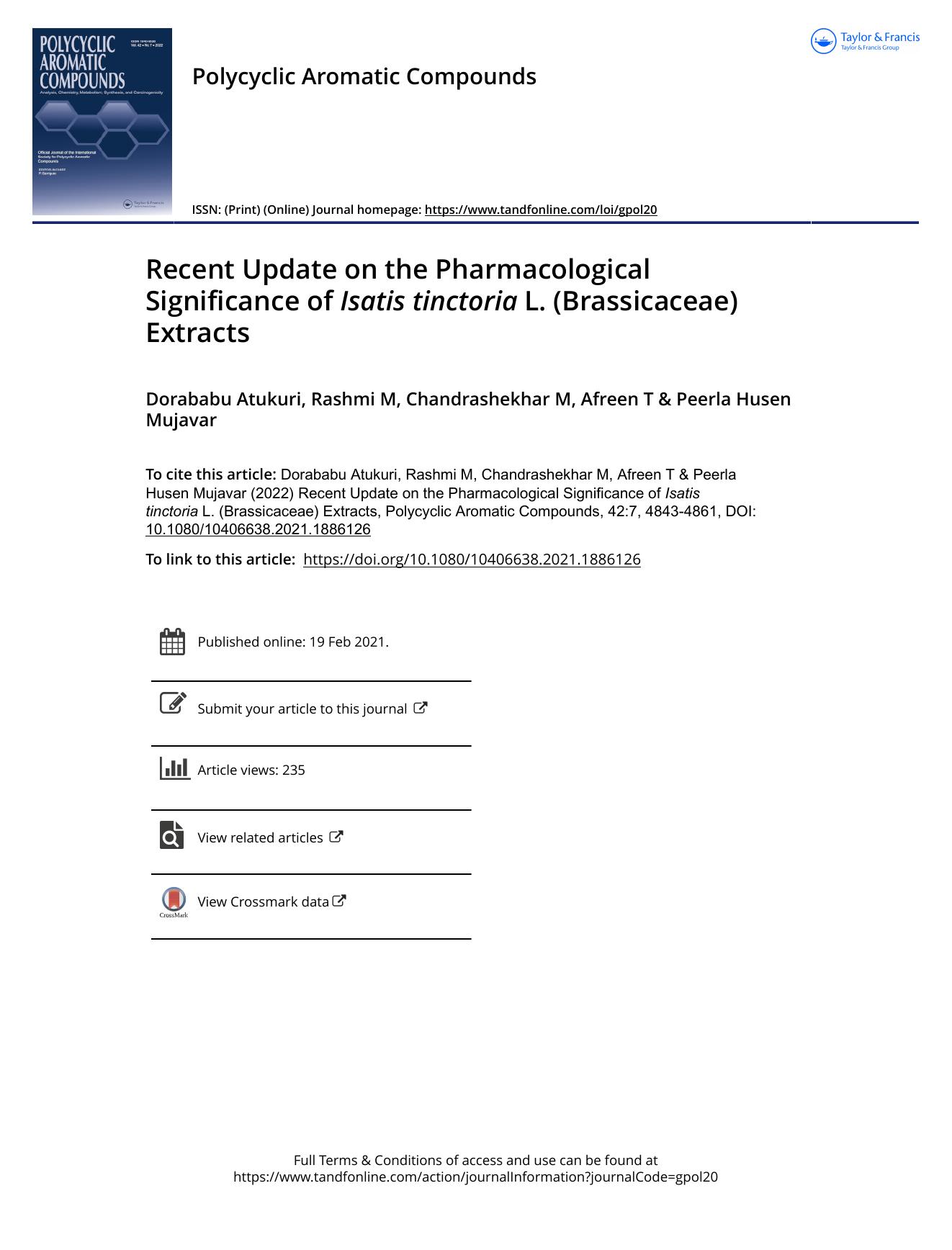 Recent Update on the Pharmacological Significance of Isatis tinctoria L. (Brassicaceae) Extracts by Atukuri Dorababu & M Rashmi & M Chandrashekhar & T Afreen & Mujavar Peerla Husen