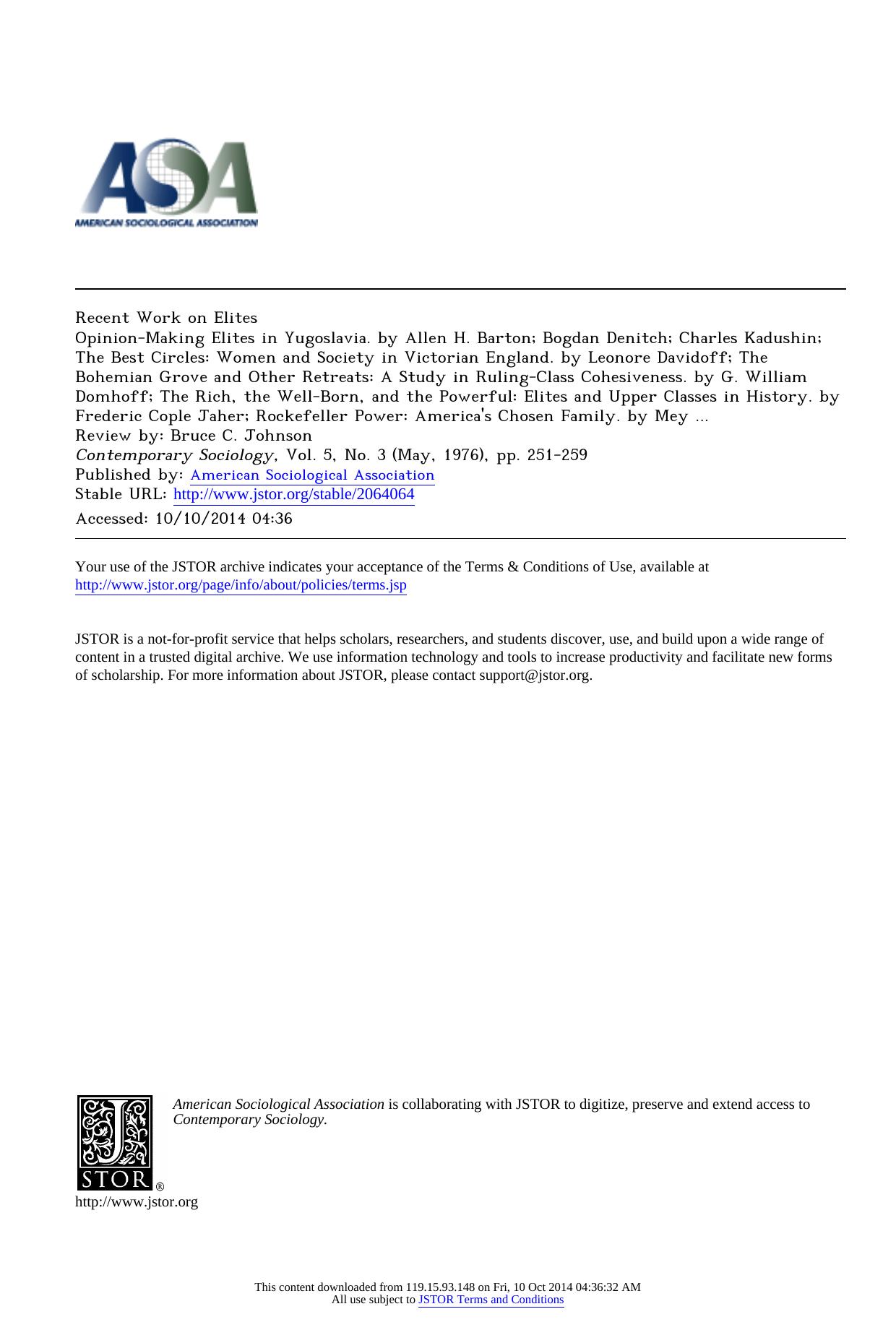 Recent Work on Elites by Frederic Cople Jaher; Rockefeller Power America's Chosen Family. by Mey