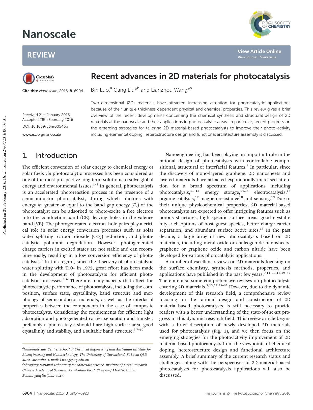 Recent advances in 2D materials for photocatalysis by Bin Luo Gang Liu Lianzhou Wang