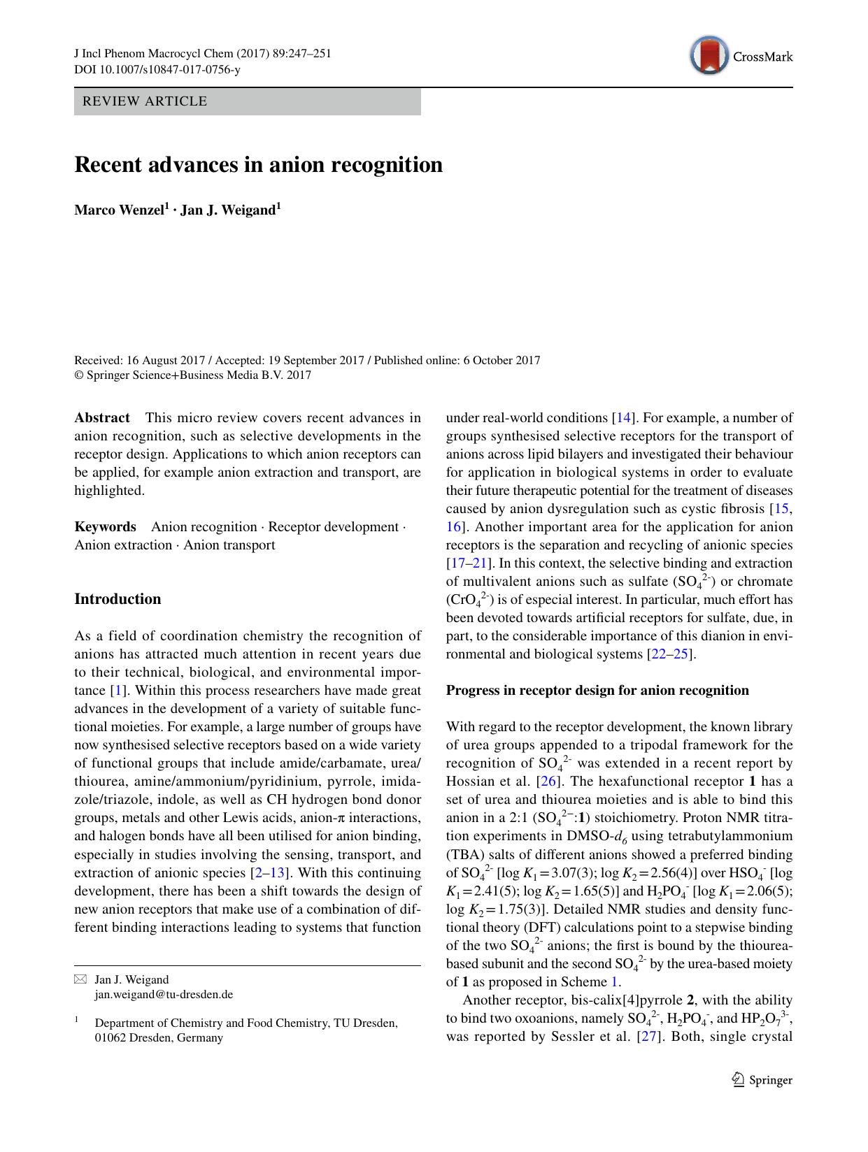 Recent advances in anion recognition by Marco Wenzel