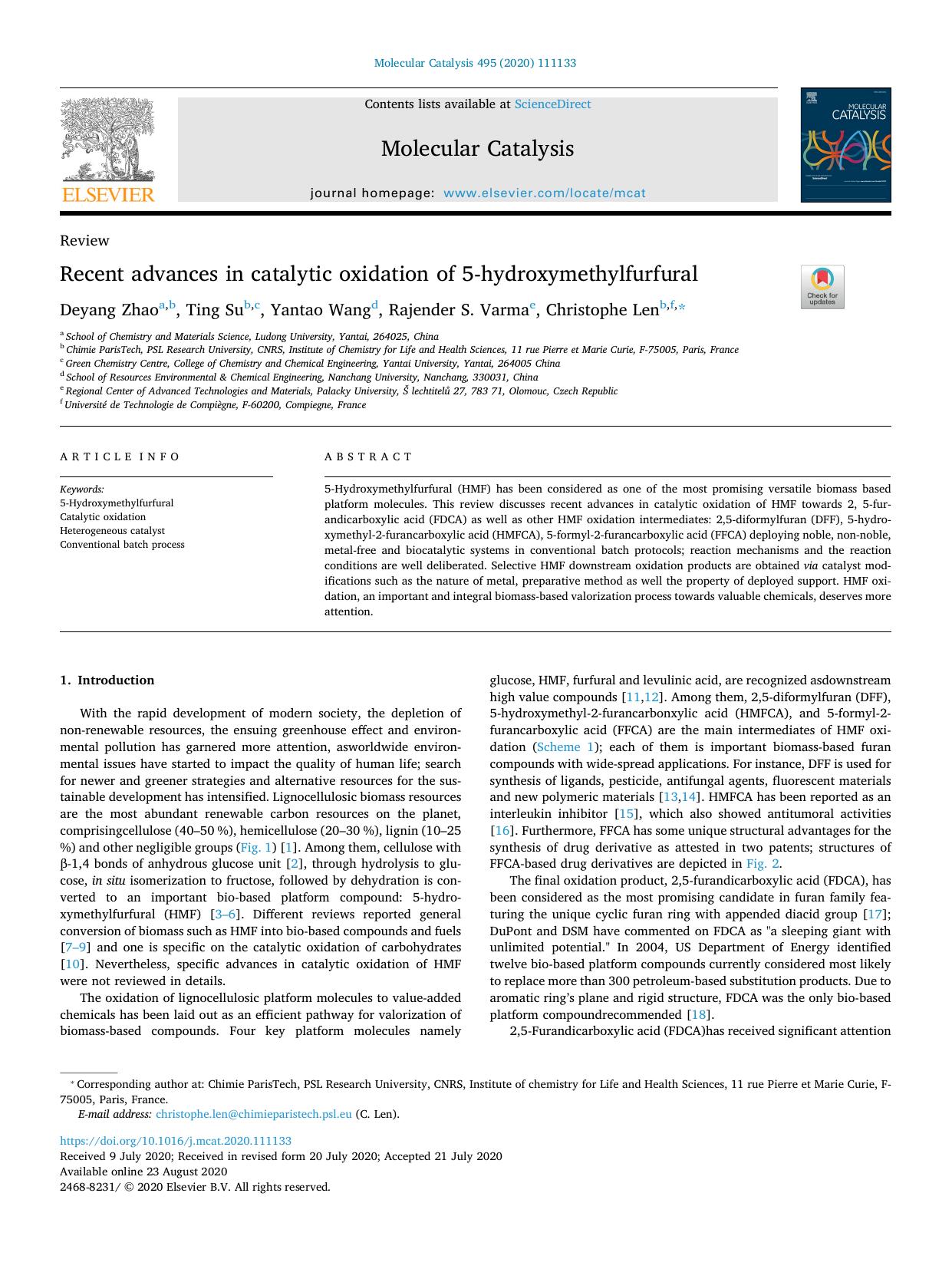 Recent advances in catalytic oxidation of 5-hydroxymethylfurfural by Deyang Zhao & Ting Su & Yantao Wang & Rajender S. Varma & Christophe Len