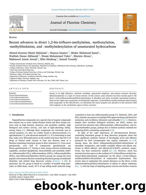 Recent advances in direct 1,2-bis-trifluoro-methylation, -methoxylation, -methylthiolation, and âmethylselenylation of unsaturated hydrocarbons by unknow