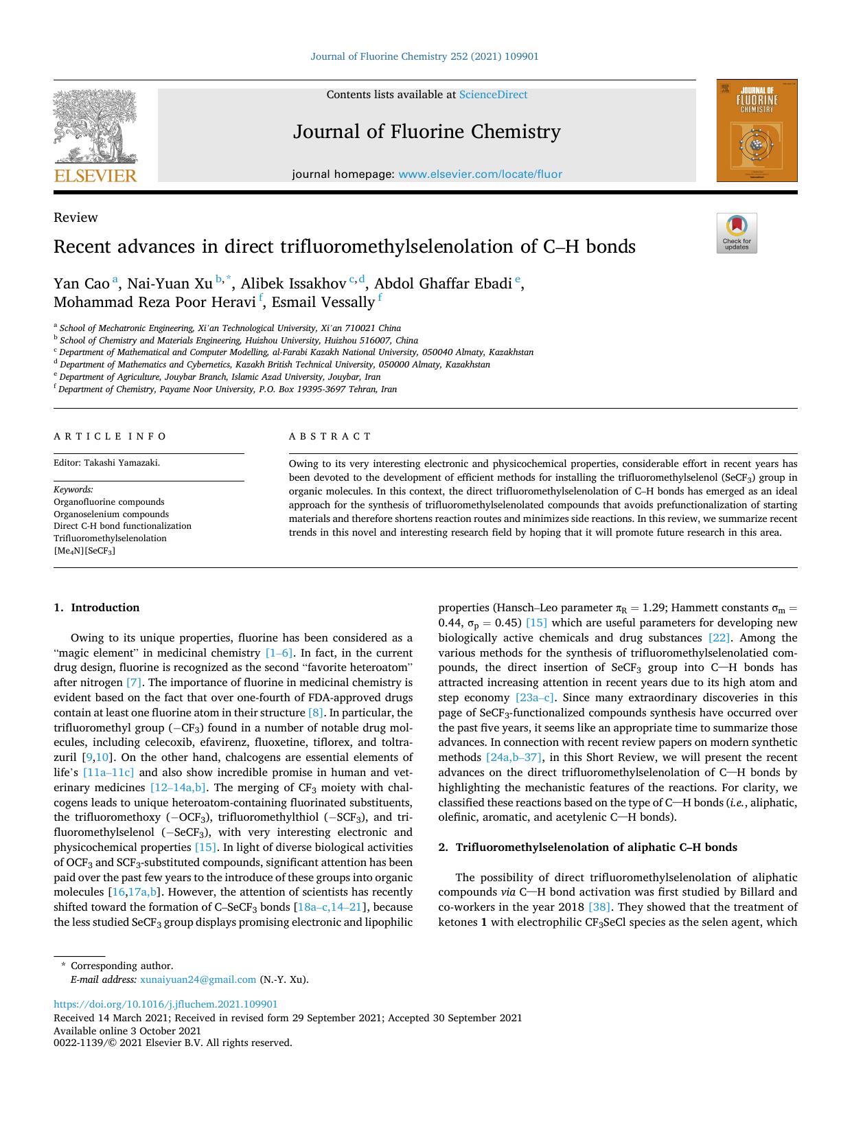 Recent advances in direct trifluoromethylselenolation of CÃ¢H bonds by unknow