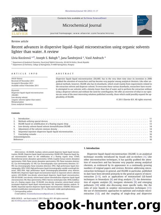 Recent advances in dispersive liquidâliquid microextraction using organic solvents lighter than water. A review by Lívia Kocúrová & Ioseph S. Balogh & Jana Šandrejová & Vasil Andruch