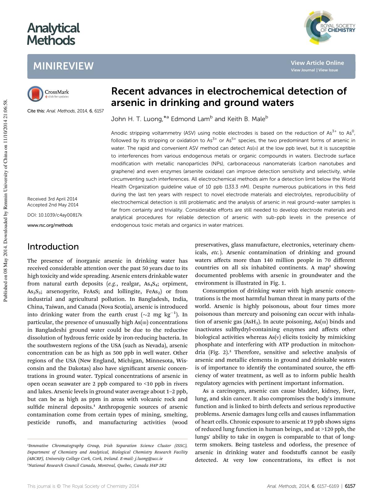 Recent advances in electrochemical detection of arsenic in drinking and ground waters by John H. T. Luong & Edmond Lam & Keith B. Male