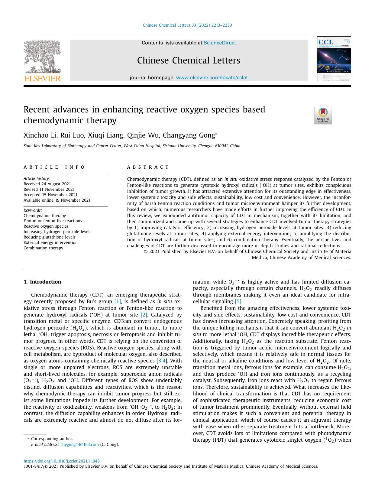 Recent advances in enhancing reactive oxygen species based chemodynamic therapy by Xinchao Li & Rui Luo & Xiuqi Liang & Qinjie Wu & Changyang Gong