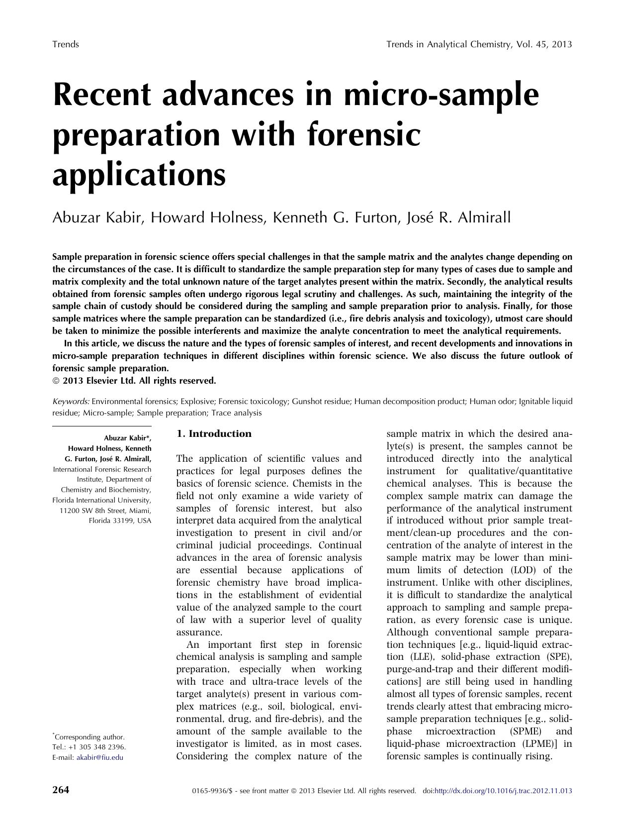 Recent advances in micro-sample preparation with forensic applications by Abuzar Kabir & Howard Holness & Kenneth G. Furton & José R. Almirall