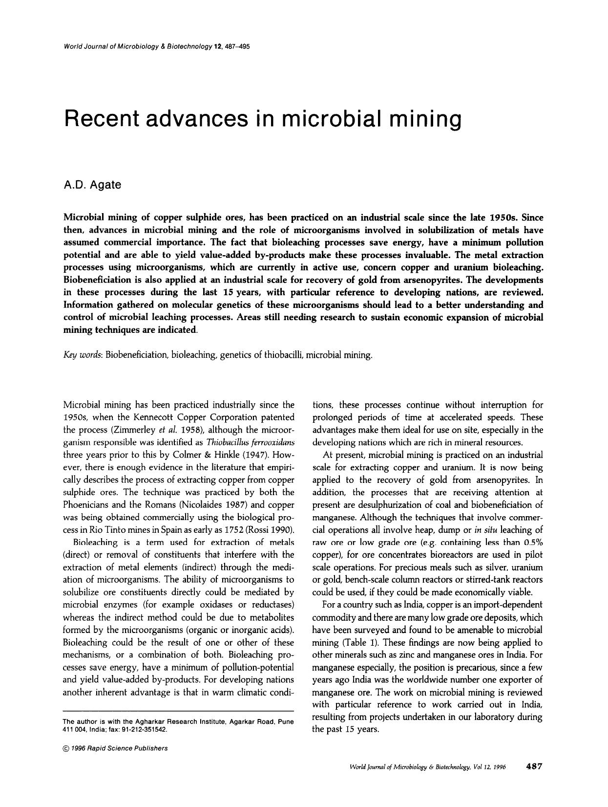 Recent advances in microbial mining by Unknown
