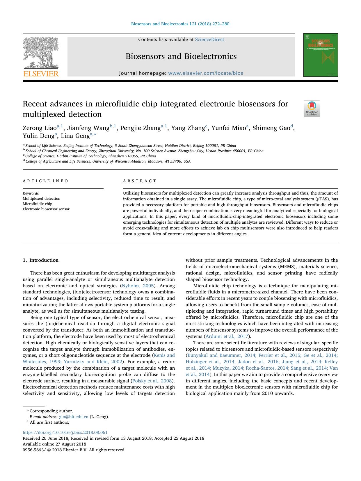 Recent advances in microfluidic chip integrated electronic biosensors for multiplexed detection by unknow