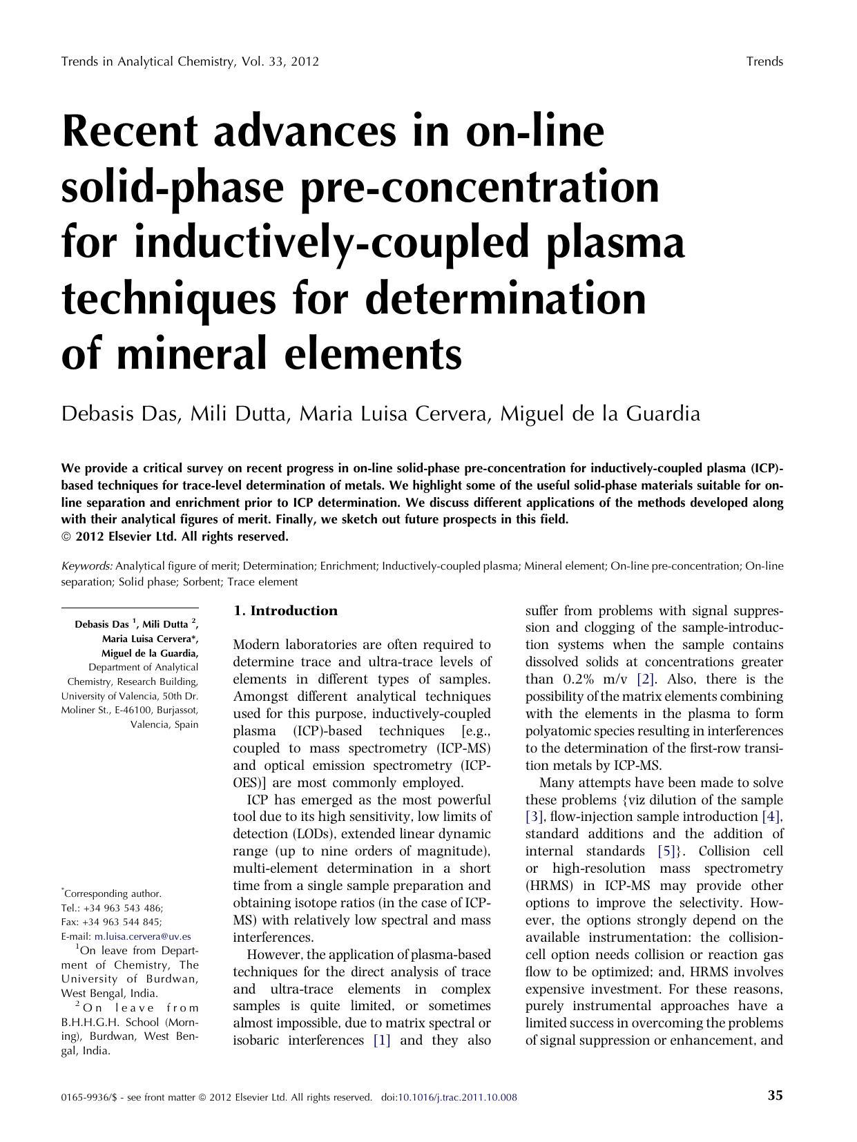 Recent advances in on-line solid-phase pre-concentration for inductively-coupled plasma techniques for determination of mineral elements by Debasis Das & Mili Dutta & Maria Luisa Cervera & Miguel de la Guardia