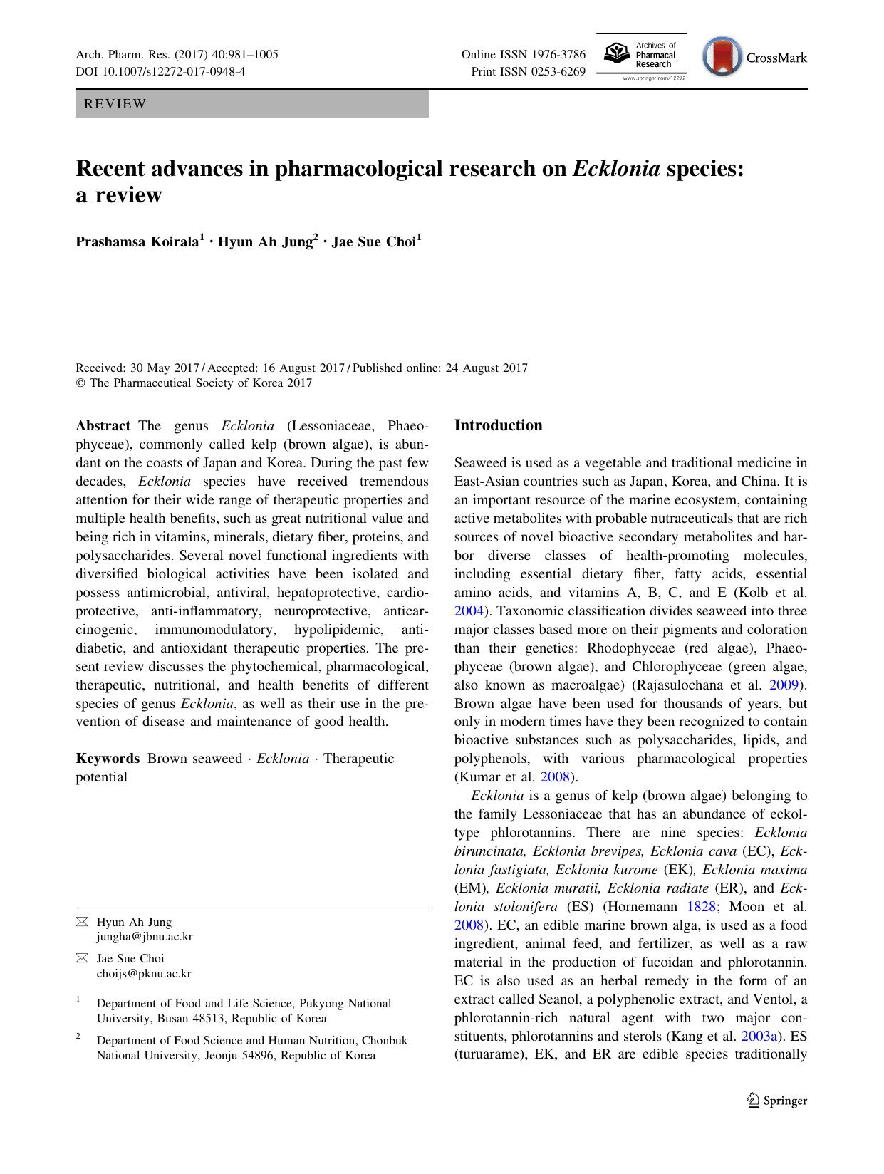 Recent advances in pharmacological research on Ecklonia species: a review by Prashamsa Koirala & Hyun Ah Jung & Jae Sue Choi