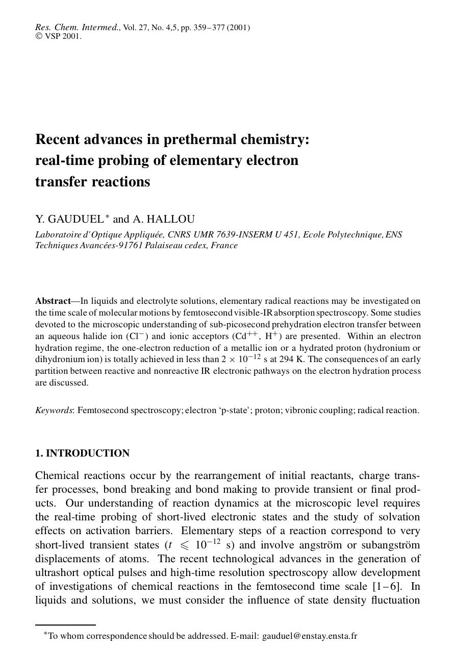 Recent advances in prethermal chemistry: real-time probing of elementary electron transfer reactions by Unknown