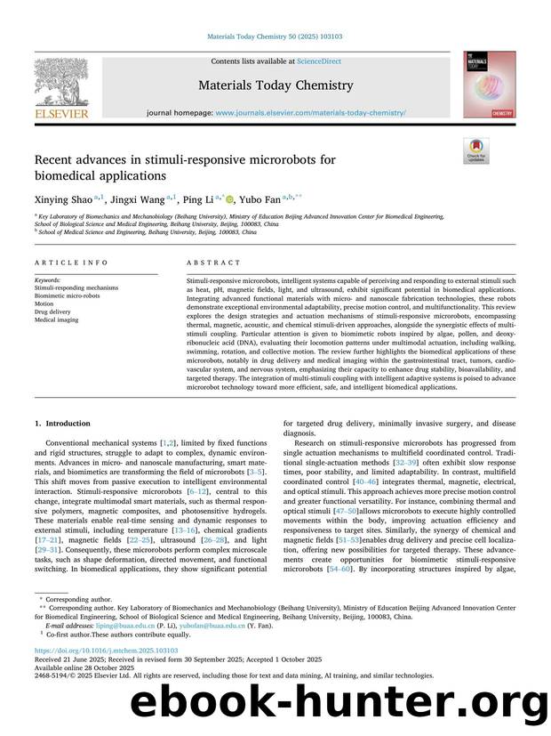 Recent advances in stimuli-responsive microrobots for biomedical applications by Xinying Shao & Jingxi Wang & Ping Li & Yubo Fan